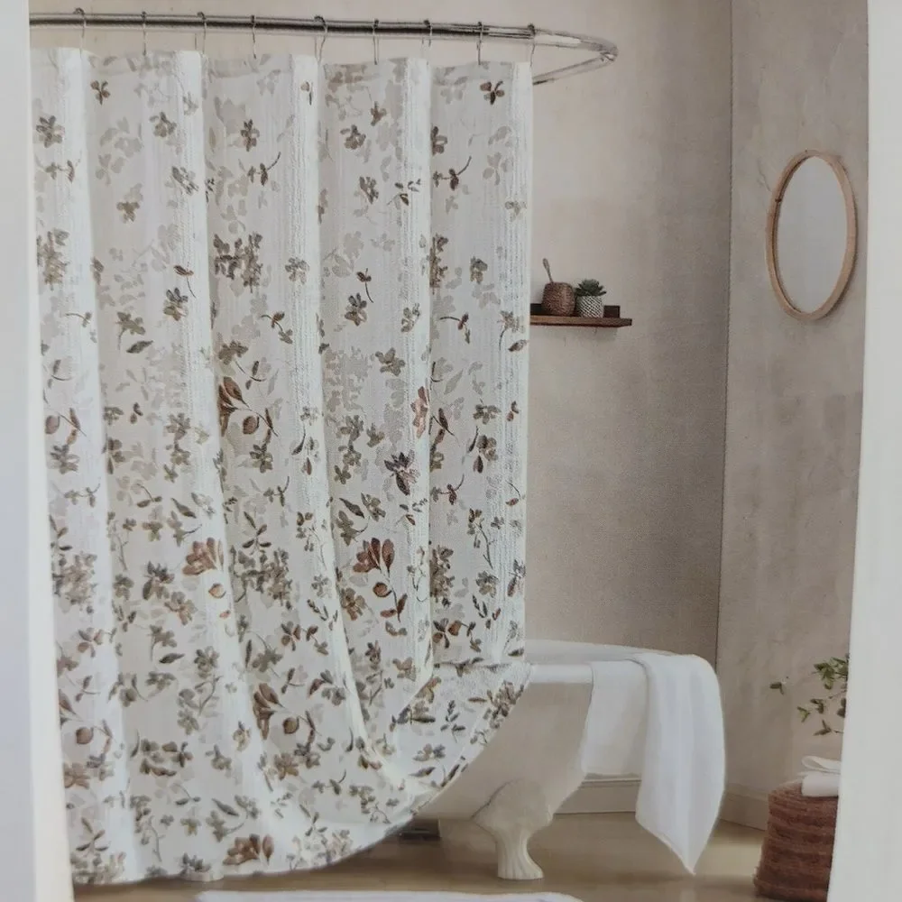 DKNY “Jasper” White Textured Fabric Shower Curtain w/Multicolor Floral Designs